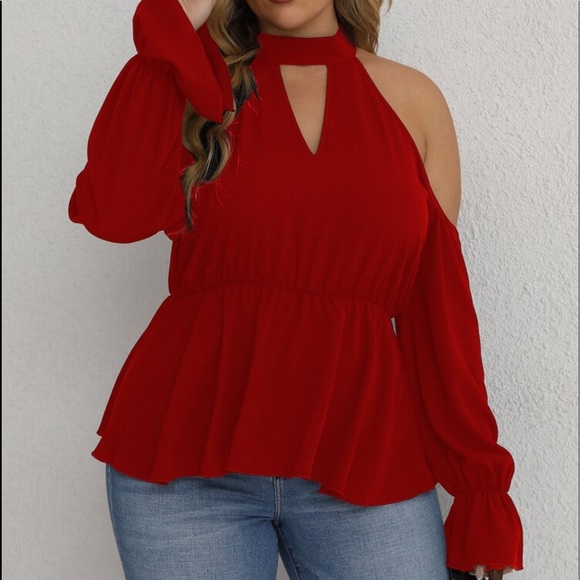 Boho Plus Size Off Shoulder Halter Neck Cut Out Flounce Peplum Top Blouse RED - Picture 5 of 16